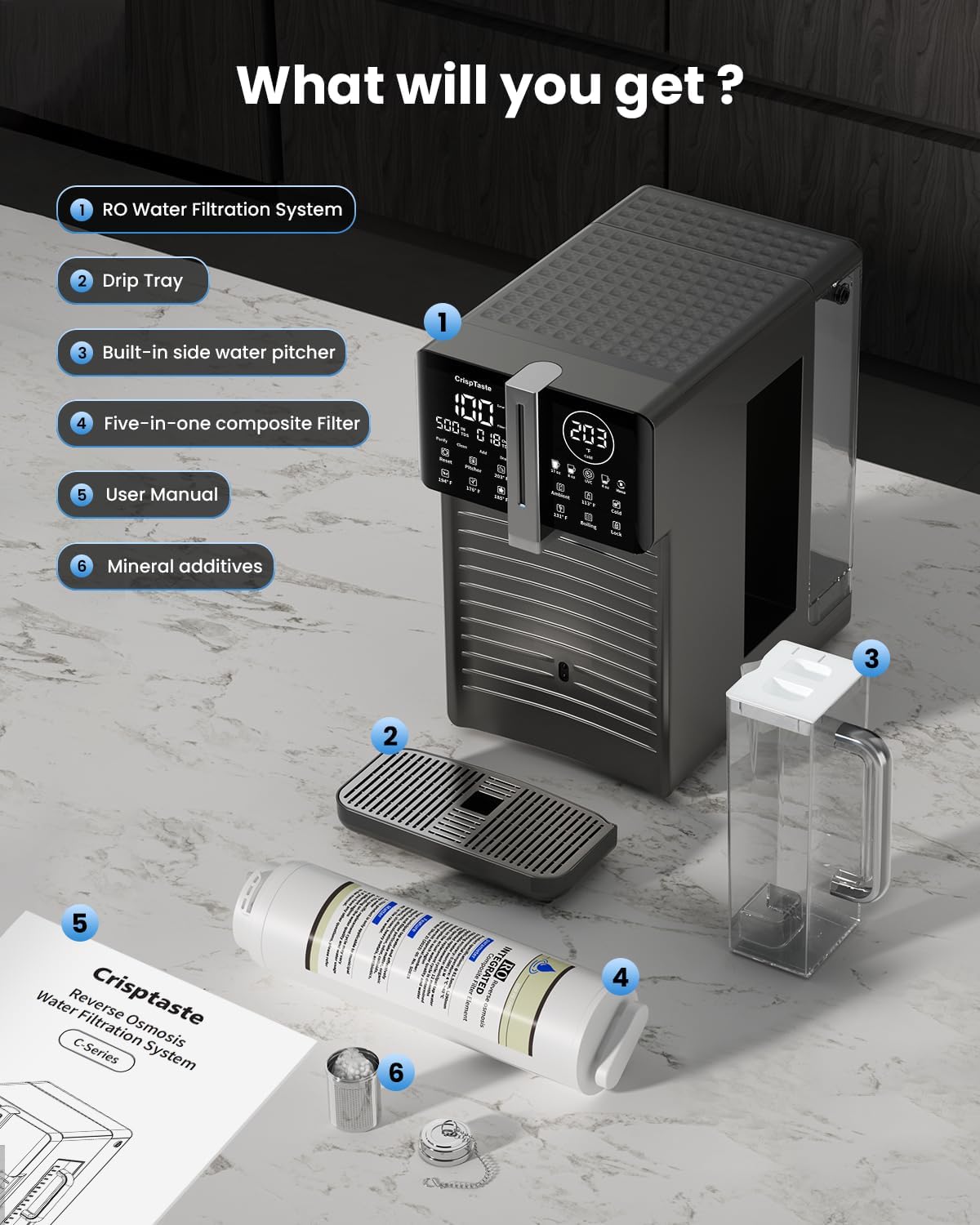 8-Stage Countertop Reverse Osmosis System, UVC & Alkaline Countertop Water Filter Hot and Cold, Hidden Carafe Design Countertop RO System NSF 58 & 372 Certified and SGS Tested, 4:1 Pure to Drain