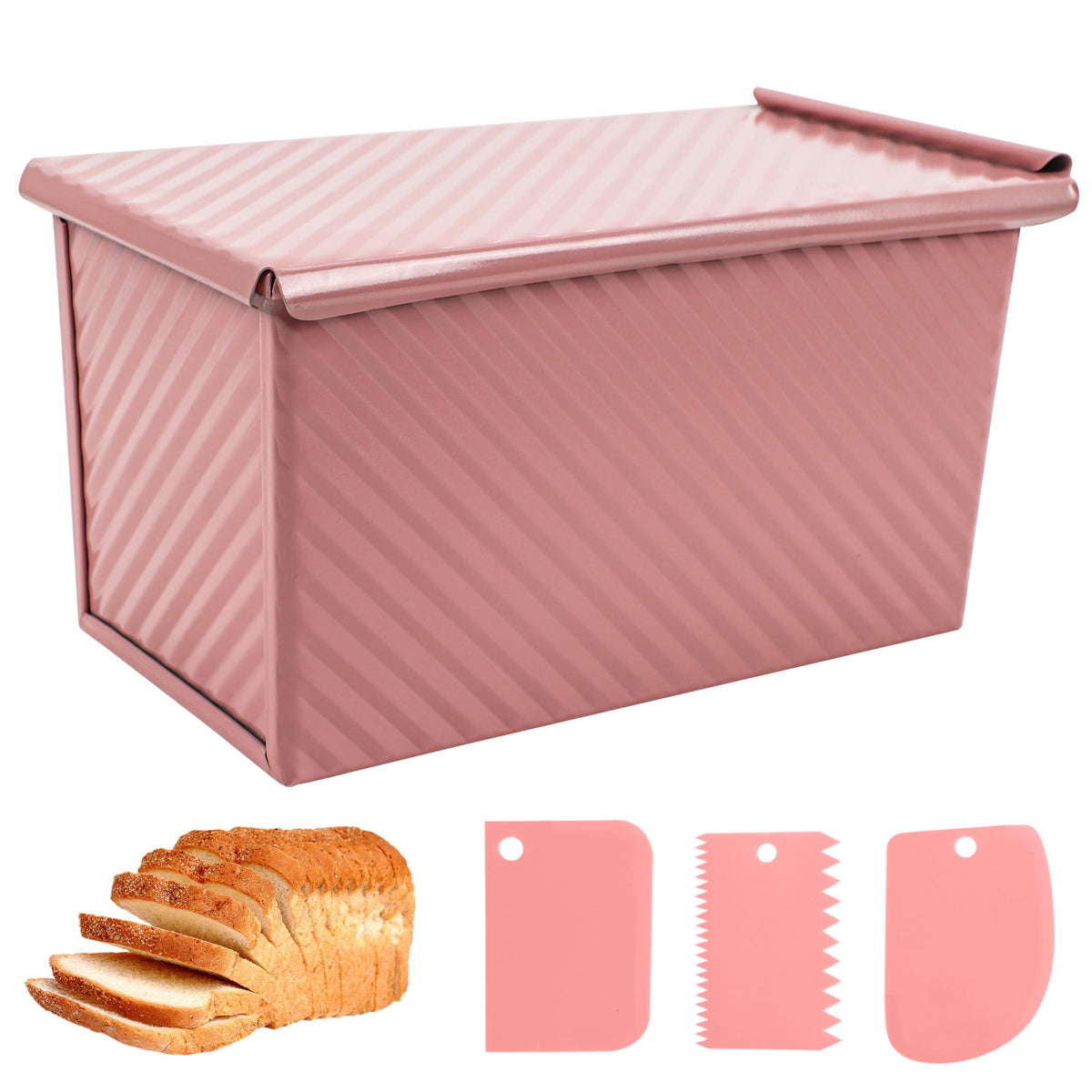Pullman Loaf Pan with Lid, 1Pound Dough Capacity Rectangular Bread Pan, Non-Stick Long Bread Pans for Homemade Bread, 9x4inch Pullman Loaf Pan with Dough Scraper Cutter for Sandwich Bread