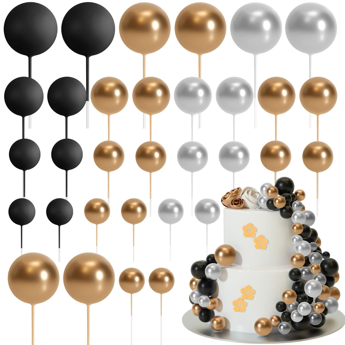 ASTARON 32 Pcs Ball Cake Topper Decorations Mini Balloons Cake Topper Sticks Foam Balls Cake Picks Cake Topper Balls Cake Decorations for Wedding Party Birthday Cake Decorating (Green Brown Gold)