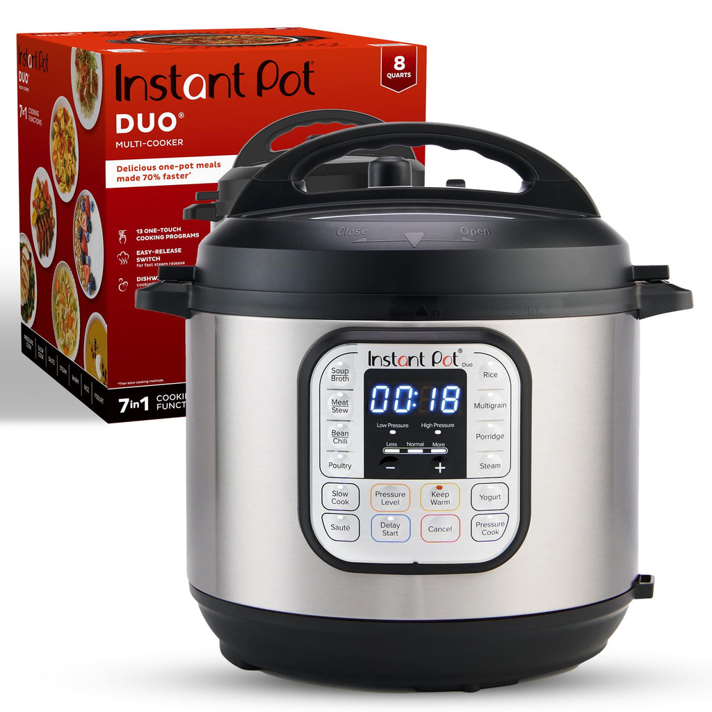 Instant Pot Duo 7-в-1 електрична скороварка, мультиварка, рисоварка, пароварка, пристрій для пасерування, йогуртниця, підігрівач та стерилізатор, включає додаток з понад 800 рецептами, нержавіюча сталь, 8 кварт