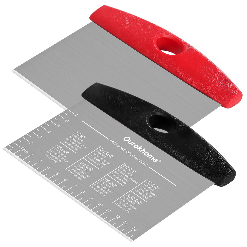 Ourokhome Dough Pastry Bench Cutter Scraper, Stainless Steel Pizza Cutter for Kitchen Baking, Dishwasher Safe, Anti-Wear Laser-Engraved Measuring Scale and Conversion Chart, 2 Pack, Black