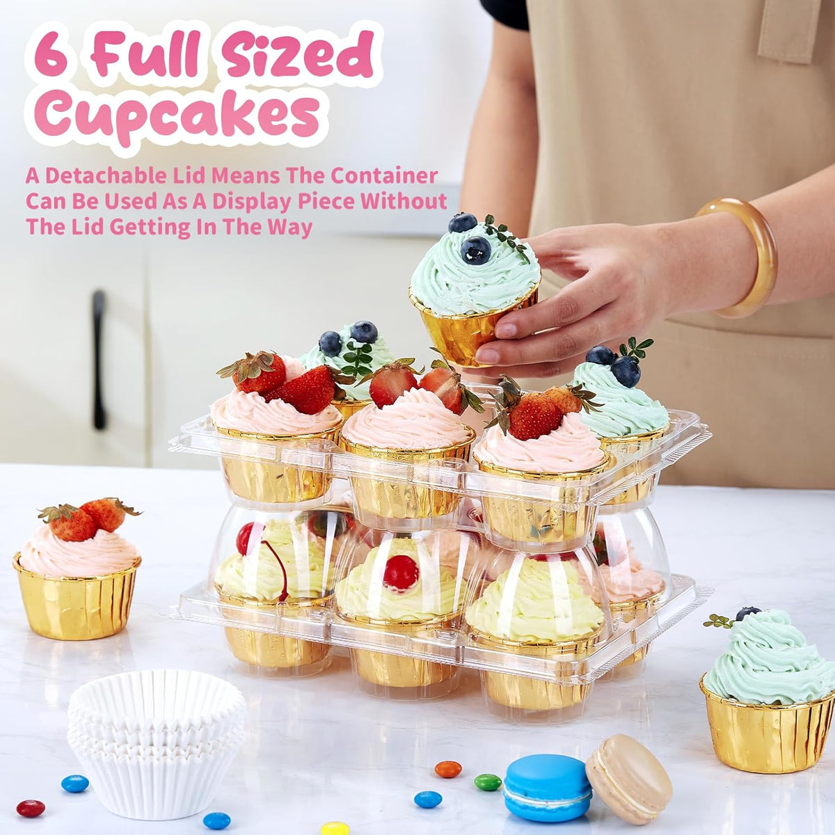 (6 Count x 40 Sets) Stackable Cupcake Containers with 240 Pack Liners, Plastic Cupcakes Boxes Holders for 6 cakes, High Tall Dome Lid Cupcakes Carrier, Clear Cupcake Trays/Containers/Holders