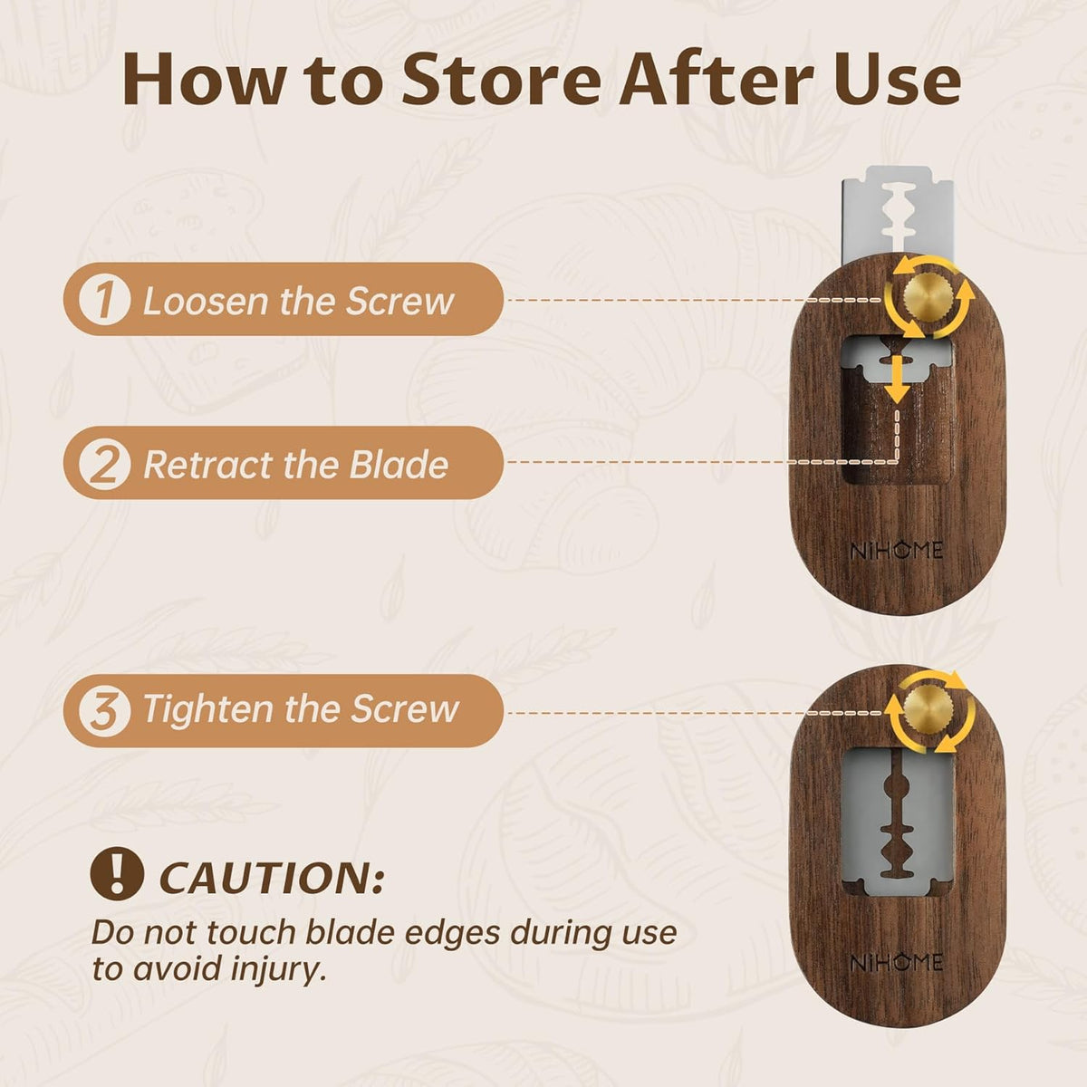 NiHome Bread Lame with Extractable Blade and Magnetic Back, Push-Pull Design for Secure Blade Locking, Easy-to-Use Walnut Wood Handle, Perfect for Dough Scoring, Bread, Pastries, and Food Cutting