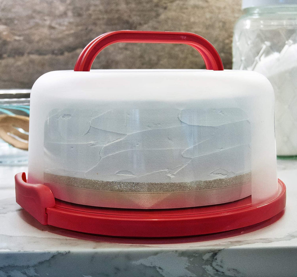 Top Shelf Elements Round Cake Carrier For Up To 10 Inch Cake Portable Cake Stands Two Sided Cake Box With Handle Fashionable Base Doubles as Five Section Serving Tray Container Holds Pies(Scarlet)