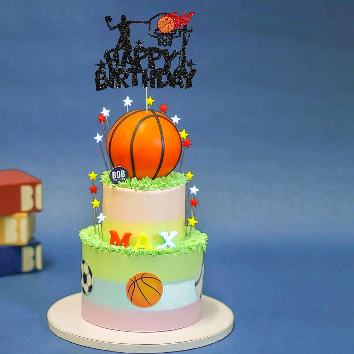 1Pc Basketball Happy Birthday Cake Topper Glitter Basketball Sports Theme Birthday Cake Pick for Theme Baby Shower Birthday Party Cake Decorations Supplies