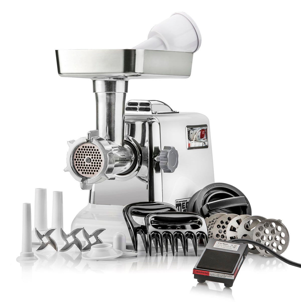 STX Megaforce 3000 Mocna, chłodzona powietrzem, 6 w 1, elektryczna maszynka do mięsa z pedałem nożnym • Nadziewarka do kiełbas • Maszynka do kubbe • Maszynka do burgerów/sliderów • 2 szczypce do mięsa • 3 ostrza ze stali nierdzewnej • 5 płyt mielących