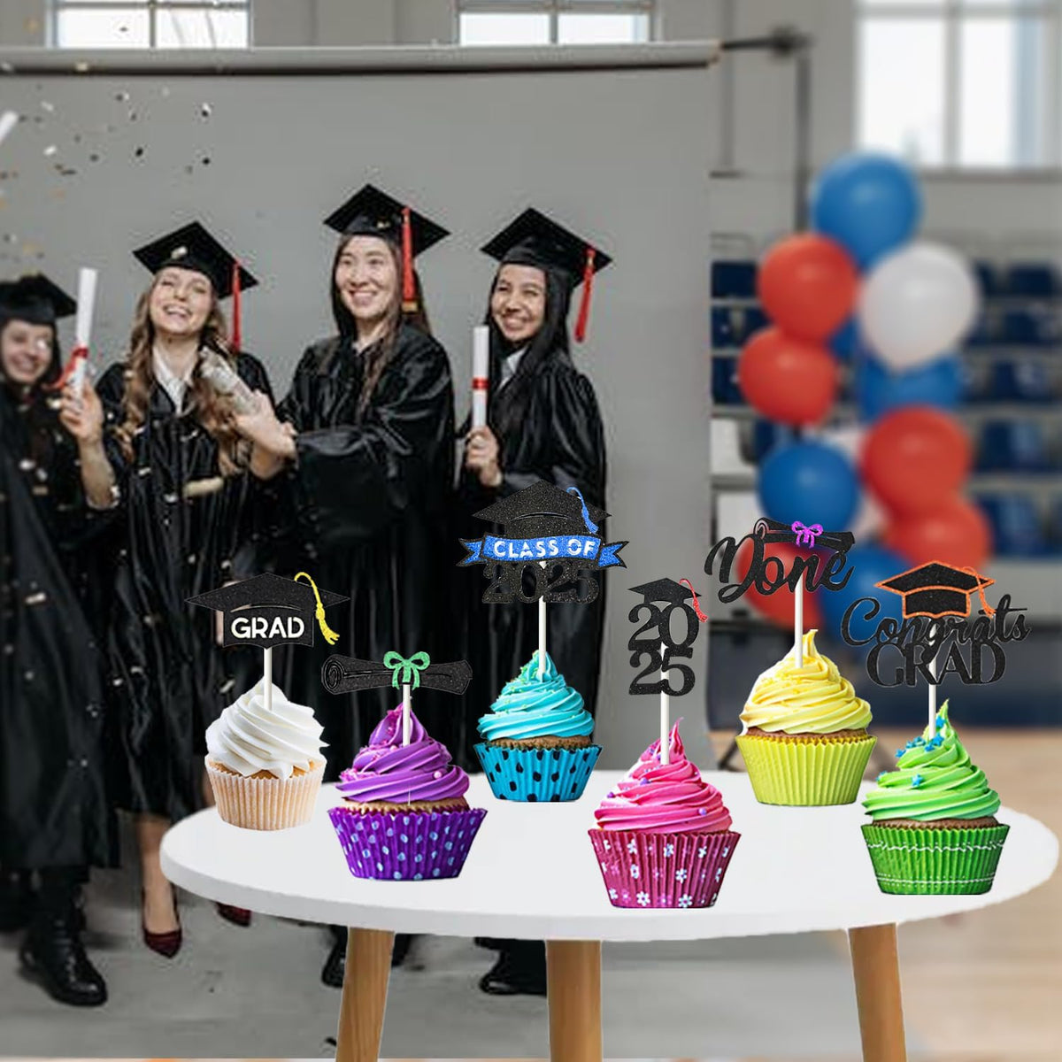 24 Pack 2025 Congrats Grad Cupcake Toppers Set, Glitter Graduation Cupcake Decor, Class of Cupcake Picks for Senior High School College Grad Party Decorations Supplies(Black with Gold) A