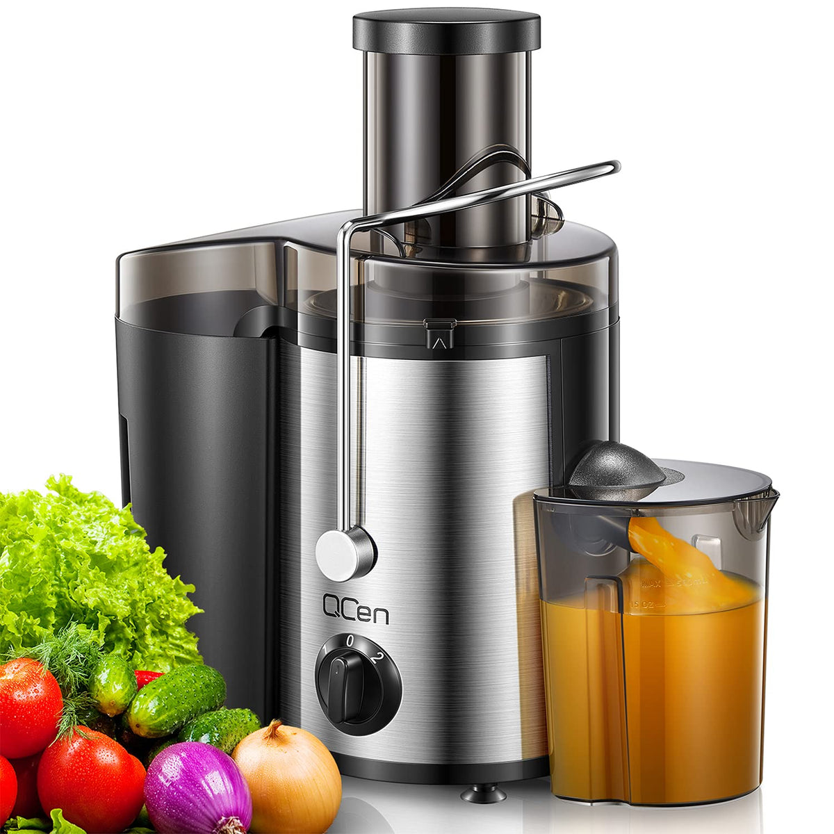 Wyciskarka do soku Qcen, 500 W, odśrodkowa wyciskarka do soku z szerokim otworem 3” do owoców i warzyw, łatwa do czyszczenia, ze stali nierdzewnej, bez BPA (czarna)