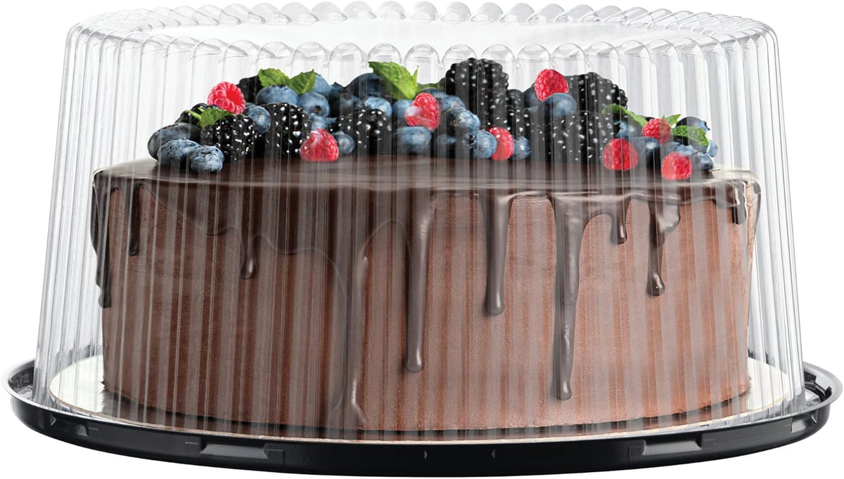 10 - 11" Plastic Disposable Cake Containers Carriers With Dome Lids And Cake Boards [5 Pack] And Cake Server | Round Bundt Cake Boxes / Cover | 2-3 Layer Cake Holder Display Containers For Transport