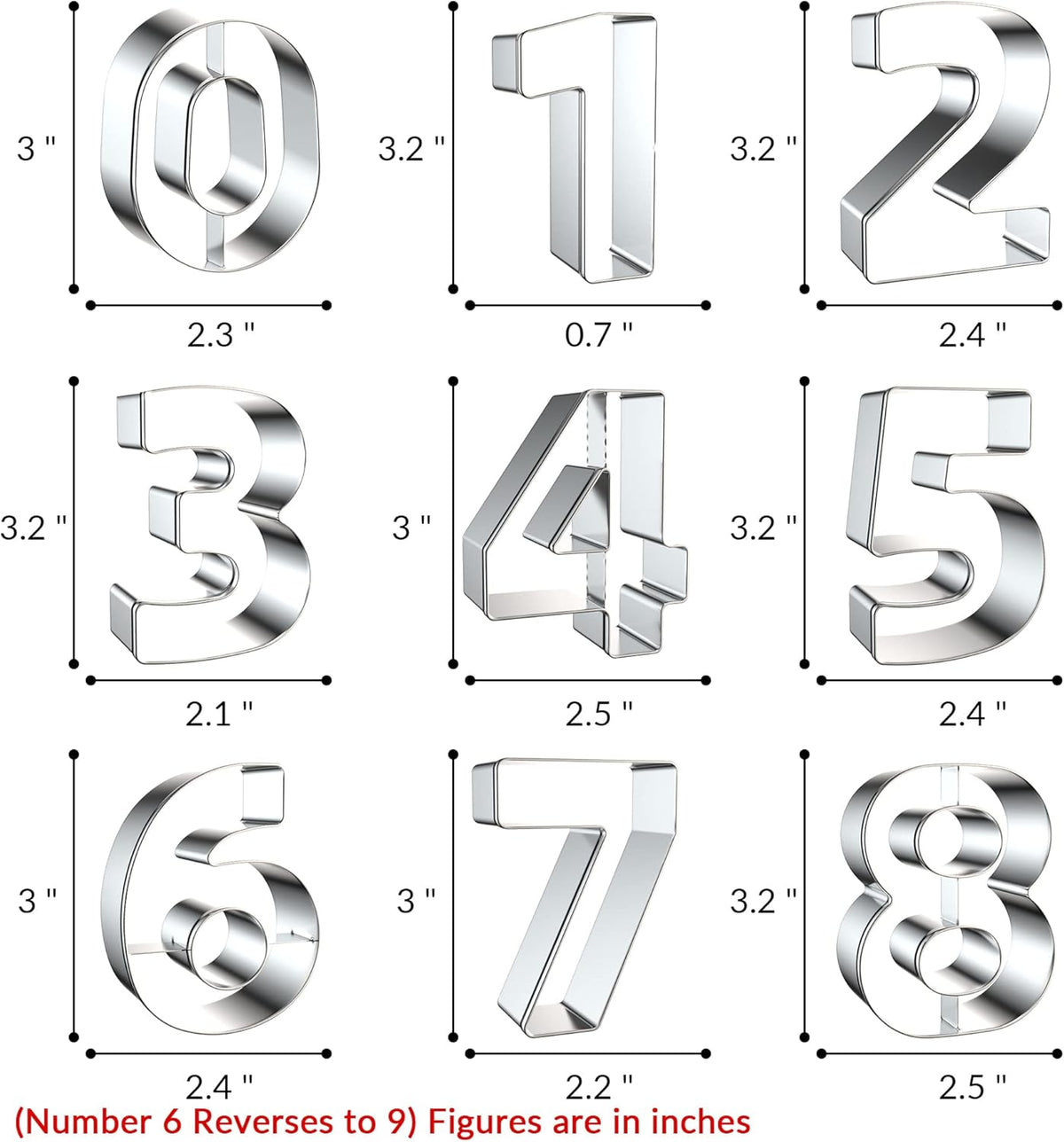 9PCS Number Cookie Cutters Set, Birthday Numbers 0-8(6 Reverses to 9), Stainless Steel Cookie Cutters for Baking, Number Shaped Baking Tool for Homemaking Biscuits, Cookie, Dough