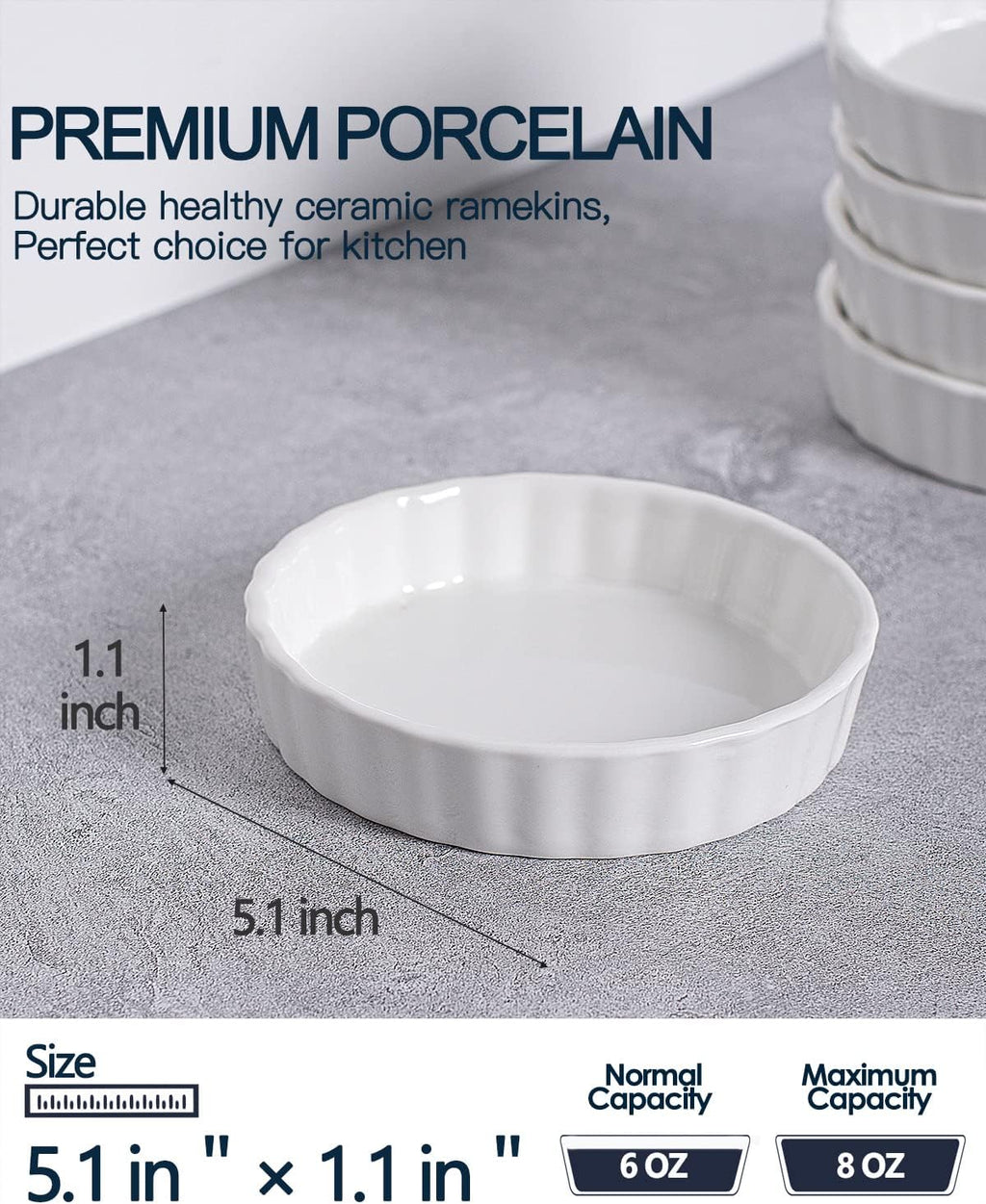 8 Oz Creme Brulee Ramekins, Porcelain Ramekins Oven Safe, Round Tart Pan Mini Fluted Quiche Dishes, Set of 6, White