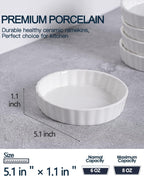 8 Oz Creme Brulee Ramekins, Porcelain Ramekins Oven Safe, Round Tart Pan Mini Fluted Quiche Dishes, Set of 6, White