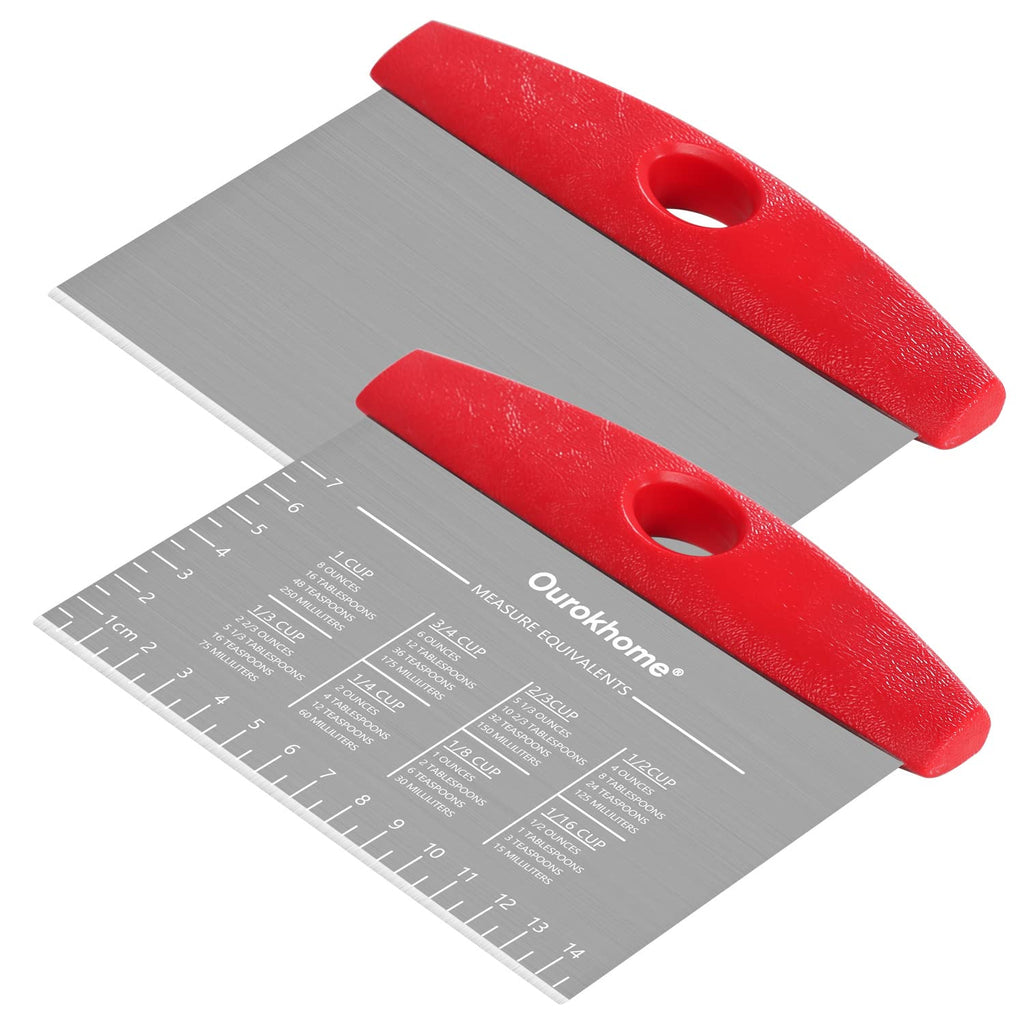 Ourokhome Dough Pastry Bench Cutter Scraper, Stainless Steel Pizza Cutter for Kitchen Baking, Dishwasher Safe, Anti-Wear Laser-Engraved Measuring Scale and Conversion Chart, 2 Pack, Black