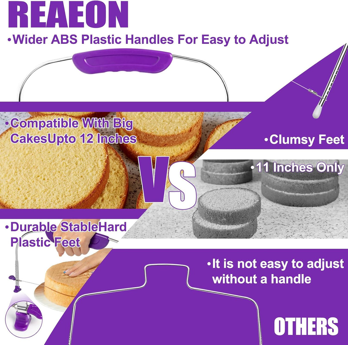 Adjustable Cake Leveler Cutter, Baking Supplies Tool for Kitchen, Professional Large Size Cake Cutter Slicer for Leveling, Single Stainless Steel Wire and Plastic Handle (Purple, 1pc)