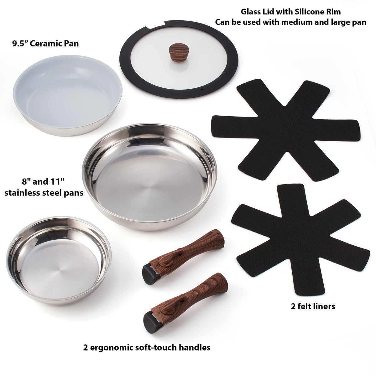 Ergo Chef Pro Series 8pc Smart Pan Set, Removable Handles, space-saving for kitchens, RVs & Camping Compatible with electric, gas & induction stoves, stainless steel pans & ceramic, PTFE & PFOA free