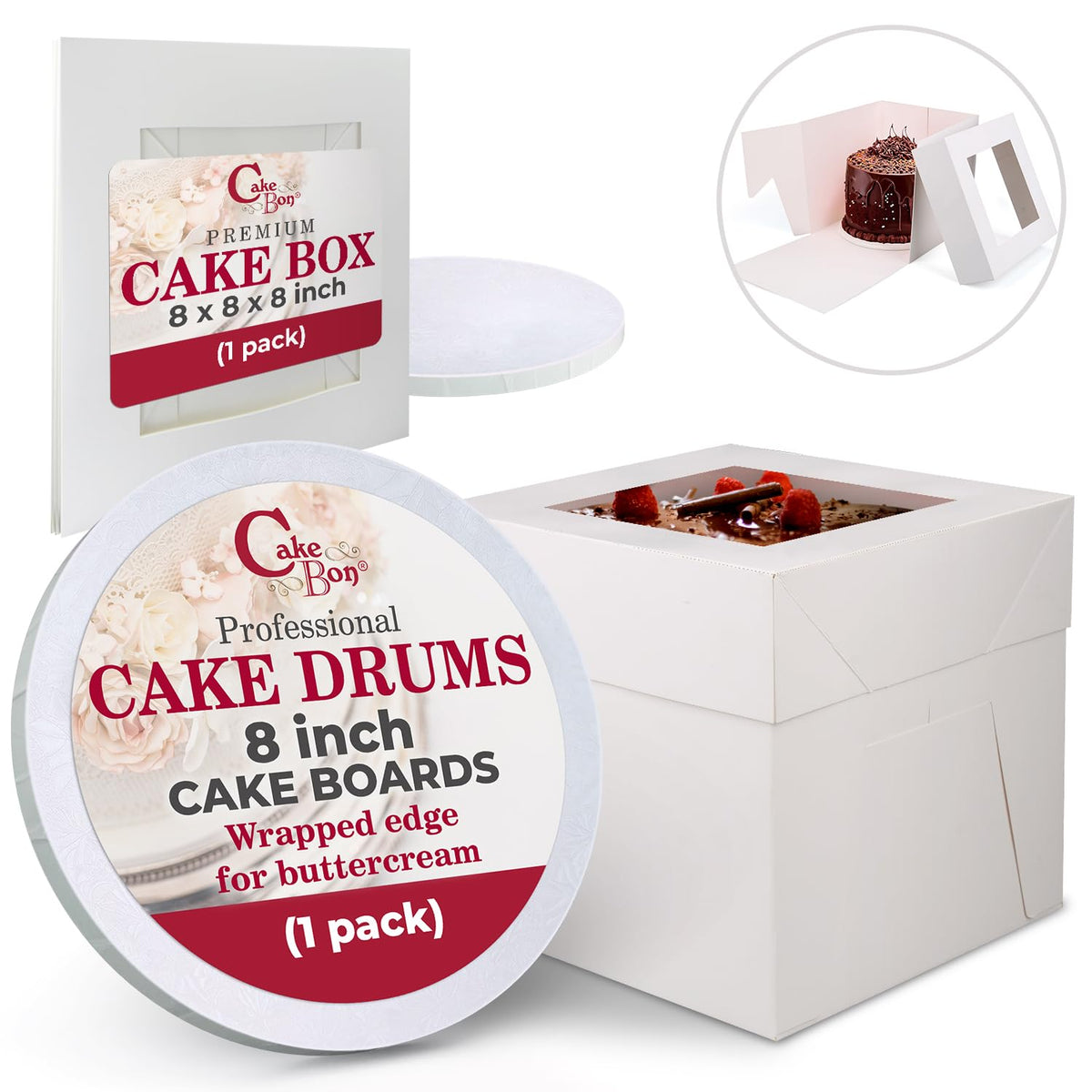 Cakebon Cake Boxes with Boards - 10 Inch Round Cake Drum White (1-pack) - Box With Window for Birthdays, Weddings and Parties