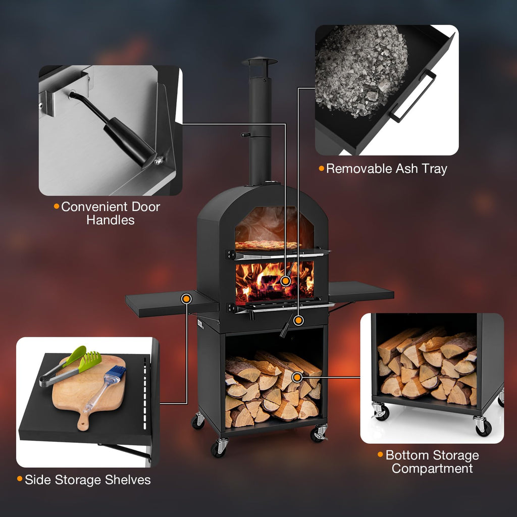 Giantex Pizza Oven Outdoor - piec opalany drewnem z 2 stolikami bocznymi, kamieniem do pizzy, łopatą do pizzy, pokrywą, rusztami do pieczenia, maszyną do pizzy na kółkach do grilla węglowego na zewnątrz, na imprezę w ogrodzie, kemping