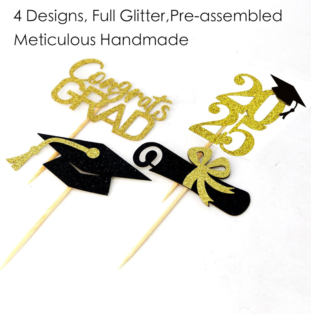 Graduation Cupcake Toppers Decorations Party Supplies, 24 PCS Food/Appetizer Picks For Class of 2025 Mini Cake Decorations, Diploma, Grad Cap Set 24 Pieces (Gold)