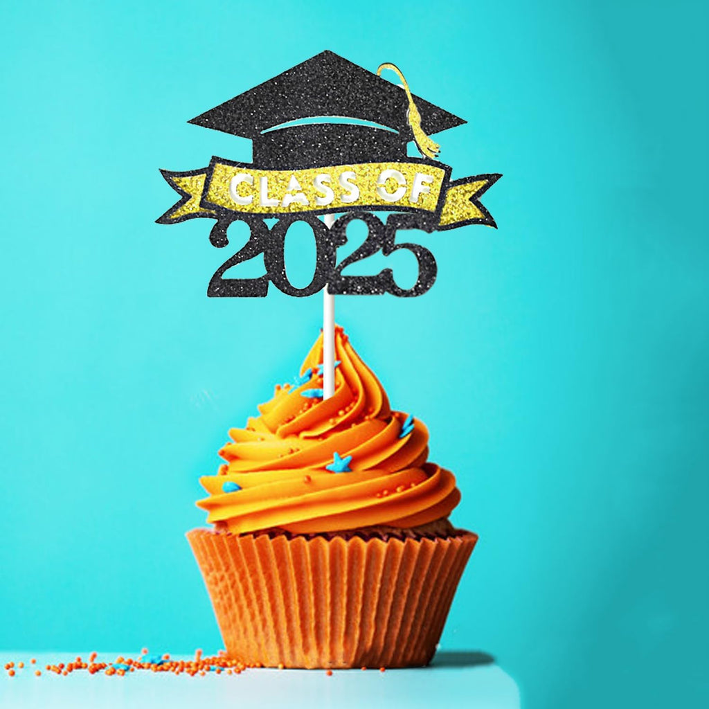 24 Pack 2025 Congrats Grad Cupcake Toppers Set, Glitter Graduation Cupcake Decor, Class of Cupcake Picks for Senior High School College Grad Party Decorations Supplies(Black with Gold) A