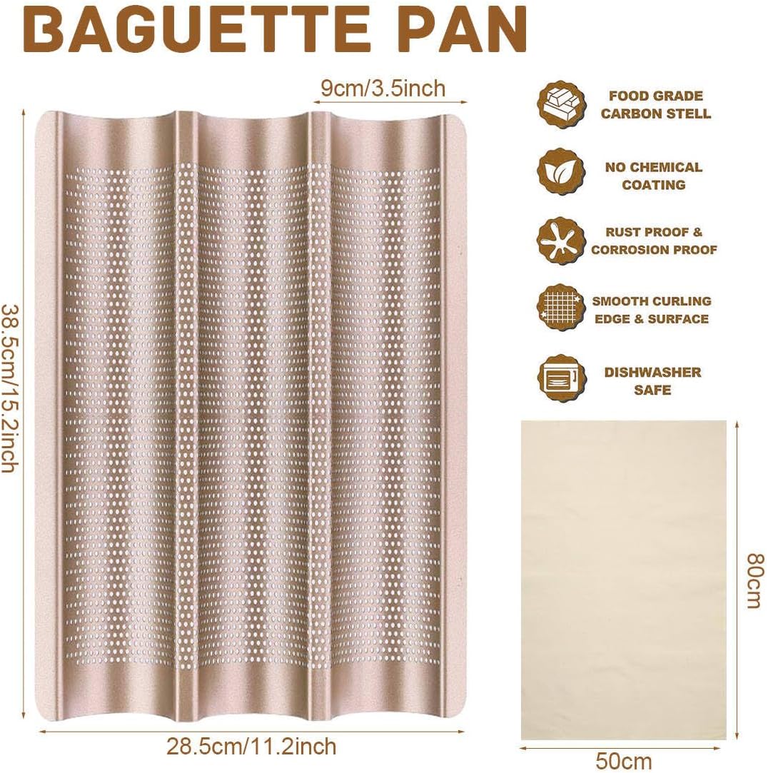 Baguette Pan, French Bread Baking Pan Perforated 3 Loaves Long Italian Bread Pan Mold Nonstick Baguettes Bakery Tray with Proofing Cloth,15"x11"