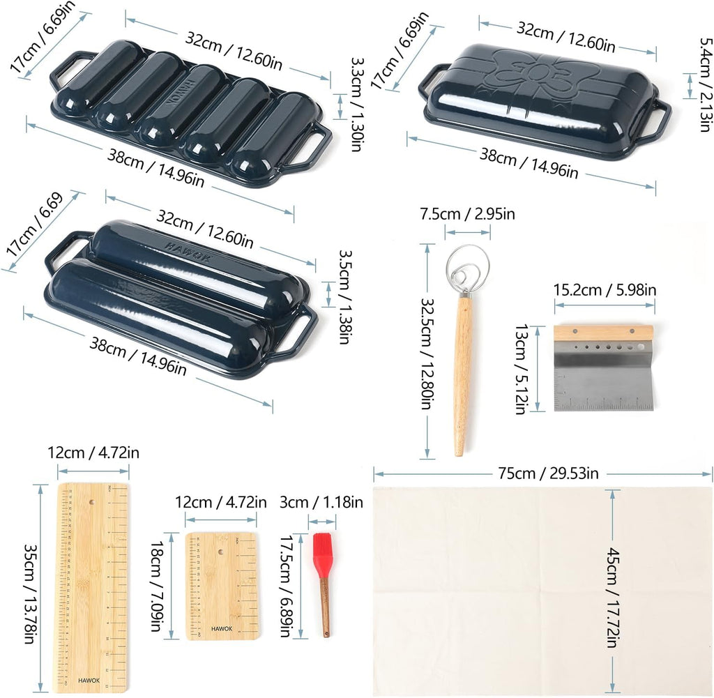 HAWOK Enameled Cast Iron French Baguette Baker, Hot Dog Bake Tray, Baguette Pan with Handles and Lid, Navy Blue