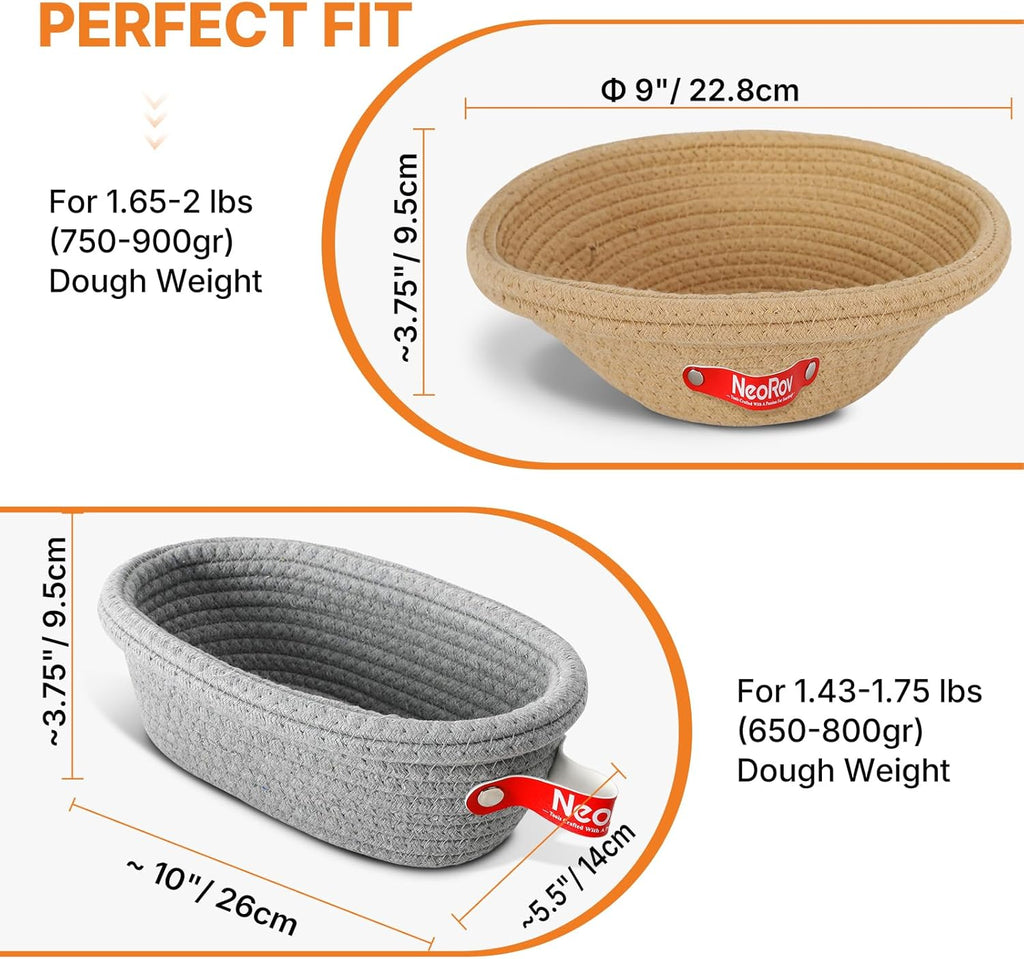 Banneton Bread Proofing Basket Set - Oval & Round Sourdough Proofing Baskets - Sourdough Proofing Bowls Bread Baking Supplies With Liner & Cloth Cover - Cotton Rope Banneton Basket for Baking