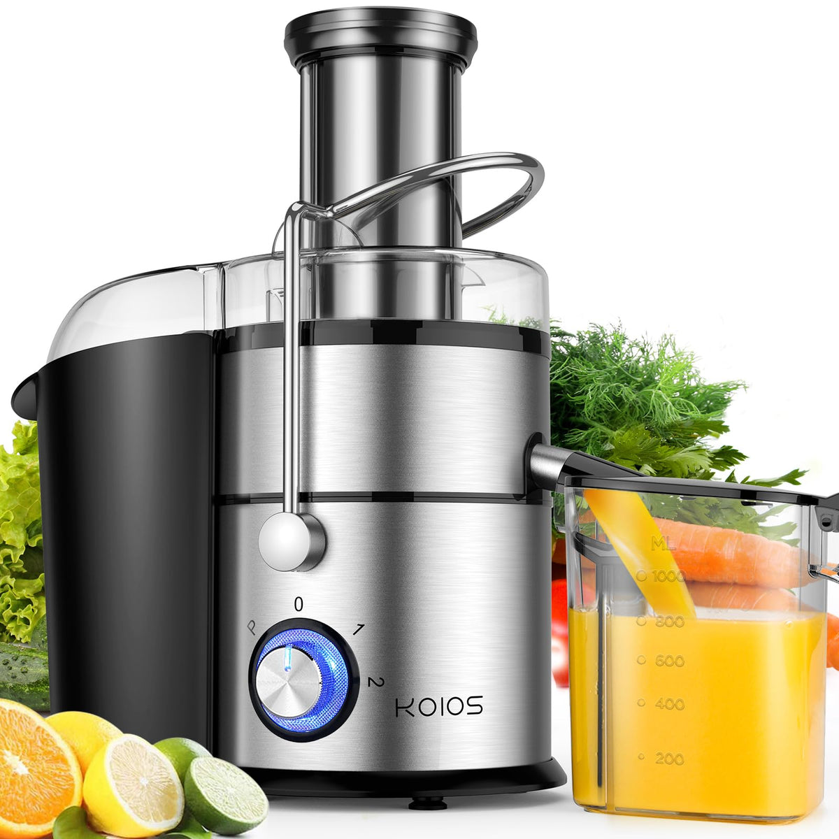 Wyciskarki do soku KOIOS o mocy 1300 W, wyciskarka do soku z bardzo dużym 3-calowym podajnikiem, w pełni miedziany silnik, filtr pokryty tytanem, wysoka wydajność soku, tryb 3 prędkości, łatwe czyszczenie szczotką, bez BPA