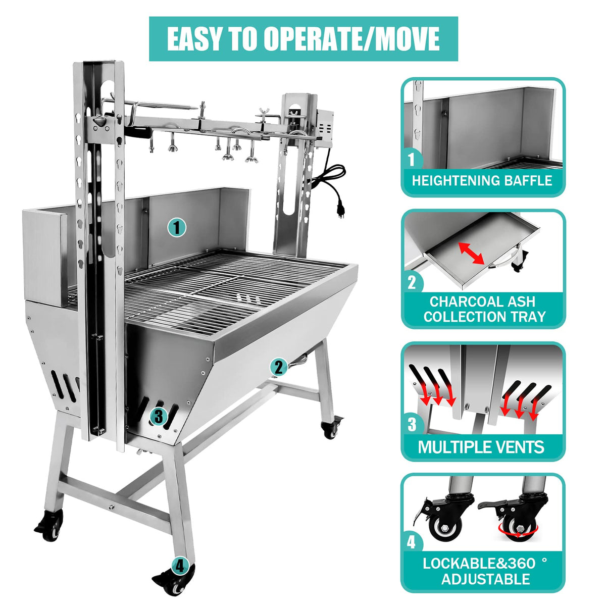 ZZZZS BBQ Rotisserie Grill Roaster Charcoal Roast Machine 132LBS Charcoal Bearing Lamb Spit Roaster Hog Roasting Machine na piknik na świeżym powietrzu Camping Wysokość regulowana, z przegrodą