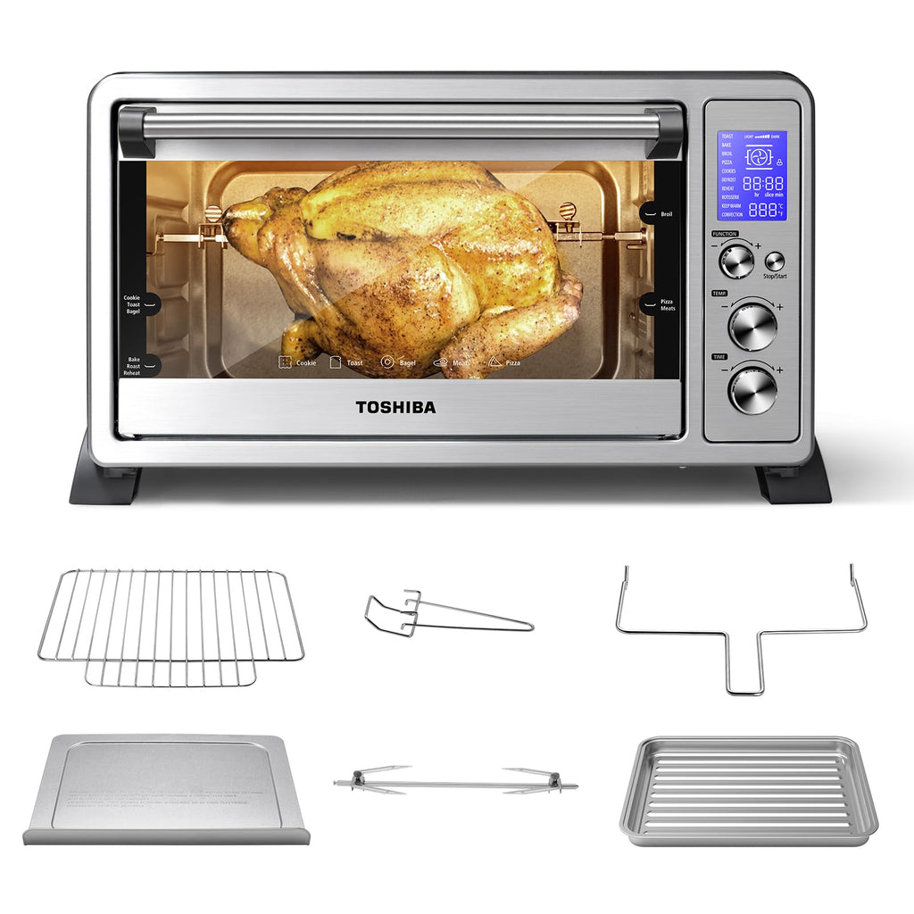 Великий тостер-піч TOSHIBA AC25CEW-SS на 6 скибочок, настільний, 10-в-одному, з тостами, піцою та вертелом, 1500 Вт, нержавіюча сталь, 6 аксесуарів у комплекті