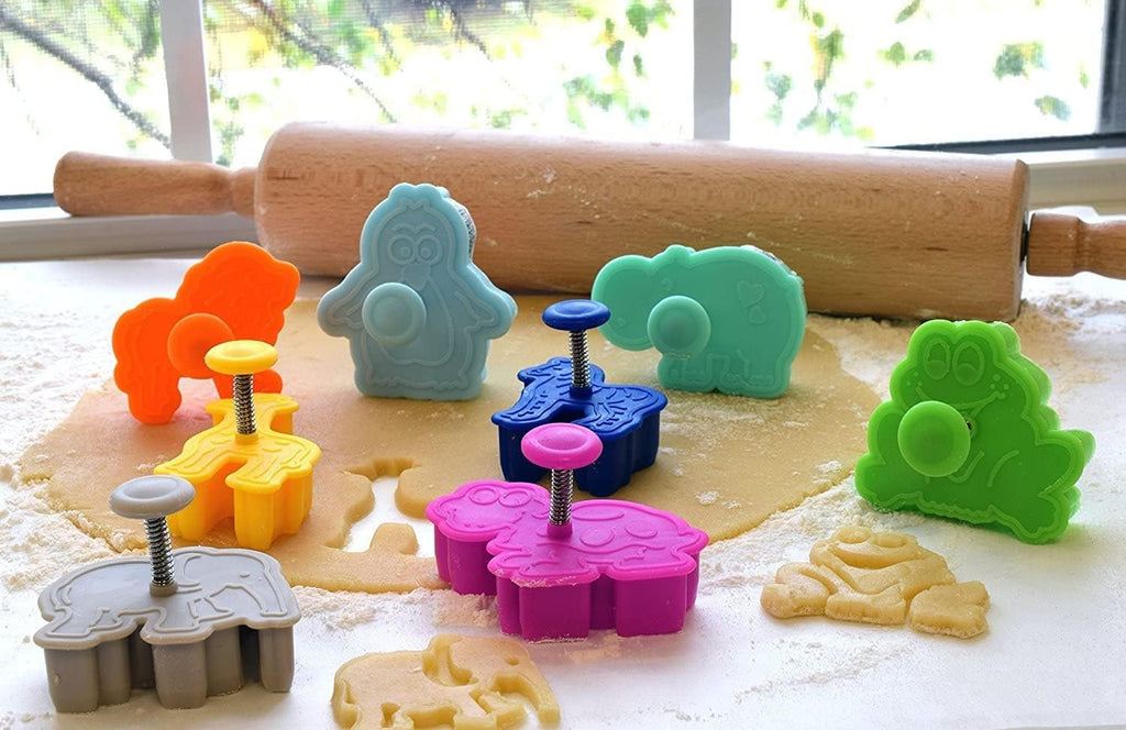 R&M Animal Cookie Stamper, Zoo Animal, Giraffe, Zebra, Lion, Elephant, Turtle, Hippo, Penguin, Frog, 2 Inch, 8 Piece Set