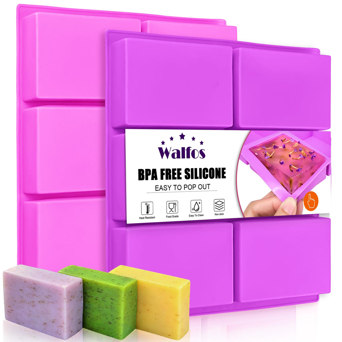 Walfos Silicone Soap Molds Set of 3, 6 Cavities Rectangle Silicone Soap Molds for Homemade Craft Soap Mold, Cake,Chocolate ＆ Ice Cube Tray（Blue & Purple ＆ Pink）