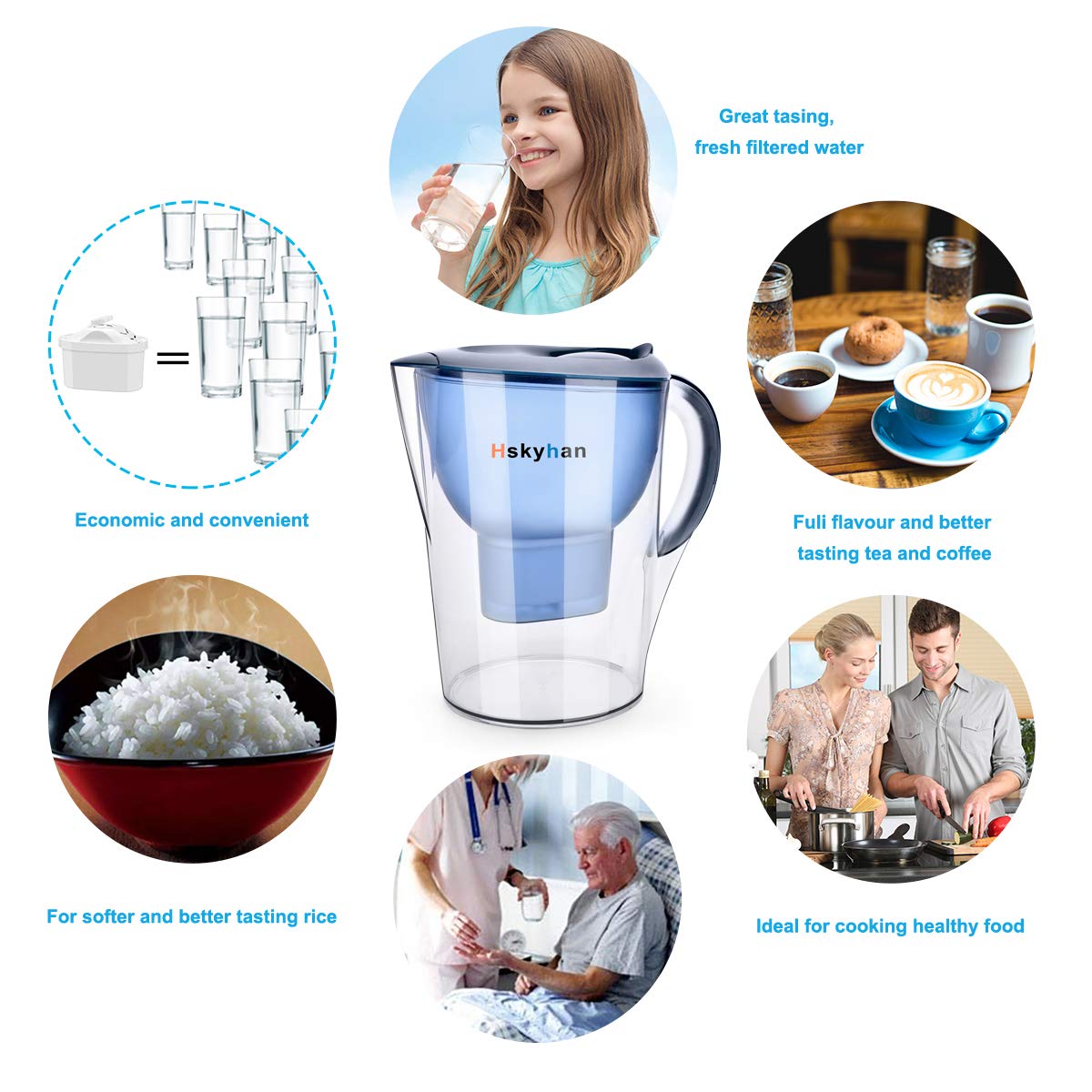 Hskyhan Alkaline Water Filter Pitcher - 3.5 Liters Improve PH, 2 Filters Included, BPA Free, 7 Stage Filteration System to Purify, Blue
