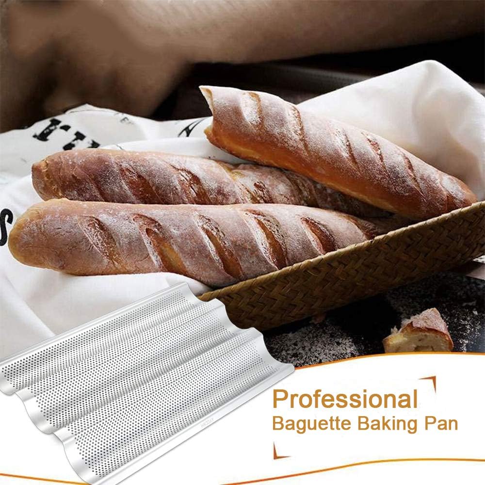 Stainless Steel French Baguette Bread Pan, Perforated Loaf Pans for Baking 15"x10", 3 Waves Toaster Oven Baking Tray (1 Pack)