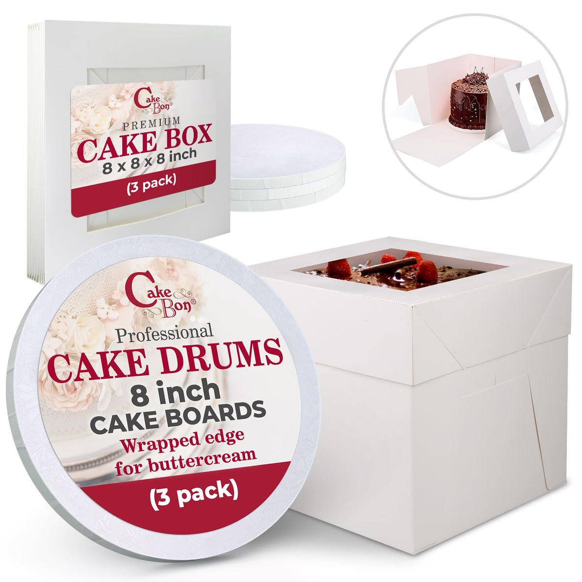 Cakebon Cake Boxes with Boards - 10 Inch Round Cake Drum White (1-pack) - Box With Window for Birthdays, Weddings and Parties