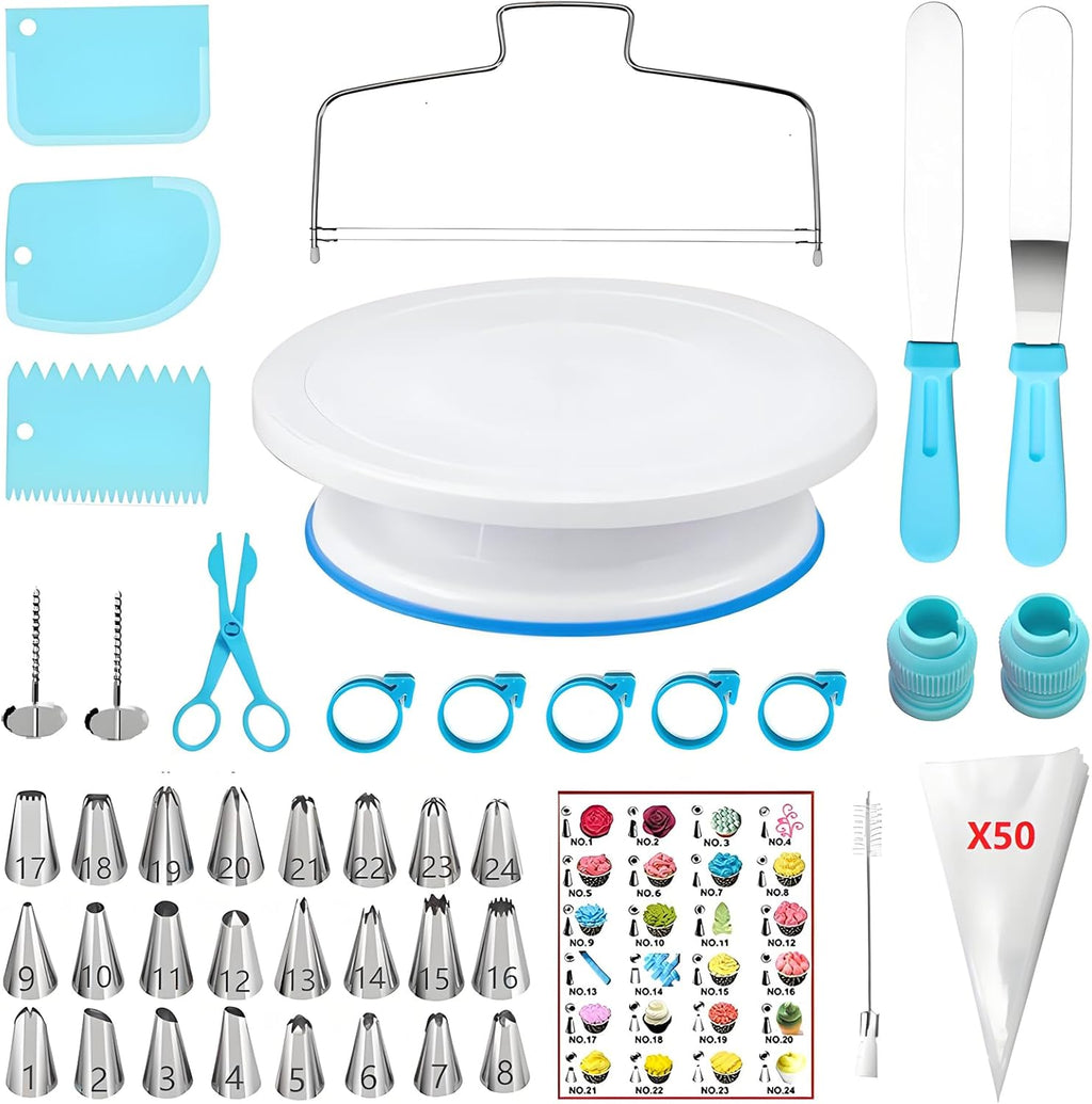93 Pcs Cake Decorating Kit with Cake Turntable,Cake Leveler,24 Numbered Icing Tips,2 Spatulas,2 Coupler,3 Comb Scrapers,Flower Nail & Lifter Scissor,50 Disposable Pastry Bags