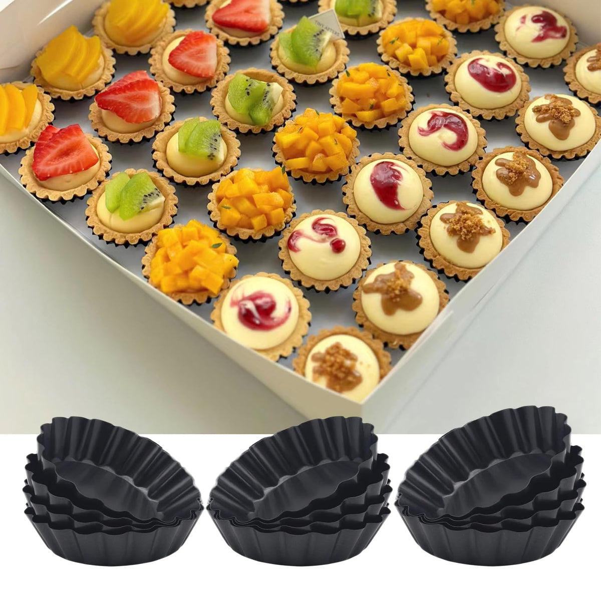 11 & 9 Inch Round Tart Pans with 2Pcs 4'' Mini Pans. Removable Bottom, Non-Stick Coating, Rugged Carbon Steel for Tart Quiche Pie Making. Gift for Christmas Thanksgiving Party Festival Family