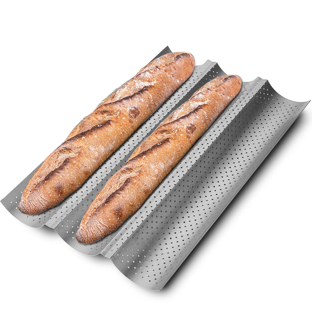 KITESSENSU Nonstick Baguette Pans for French Bread Baking, Perforated 2 Loaves Baguettes Bakery Tray, 15" x 6.3", Silver