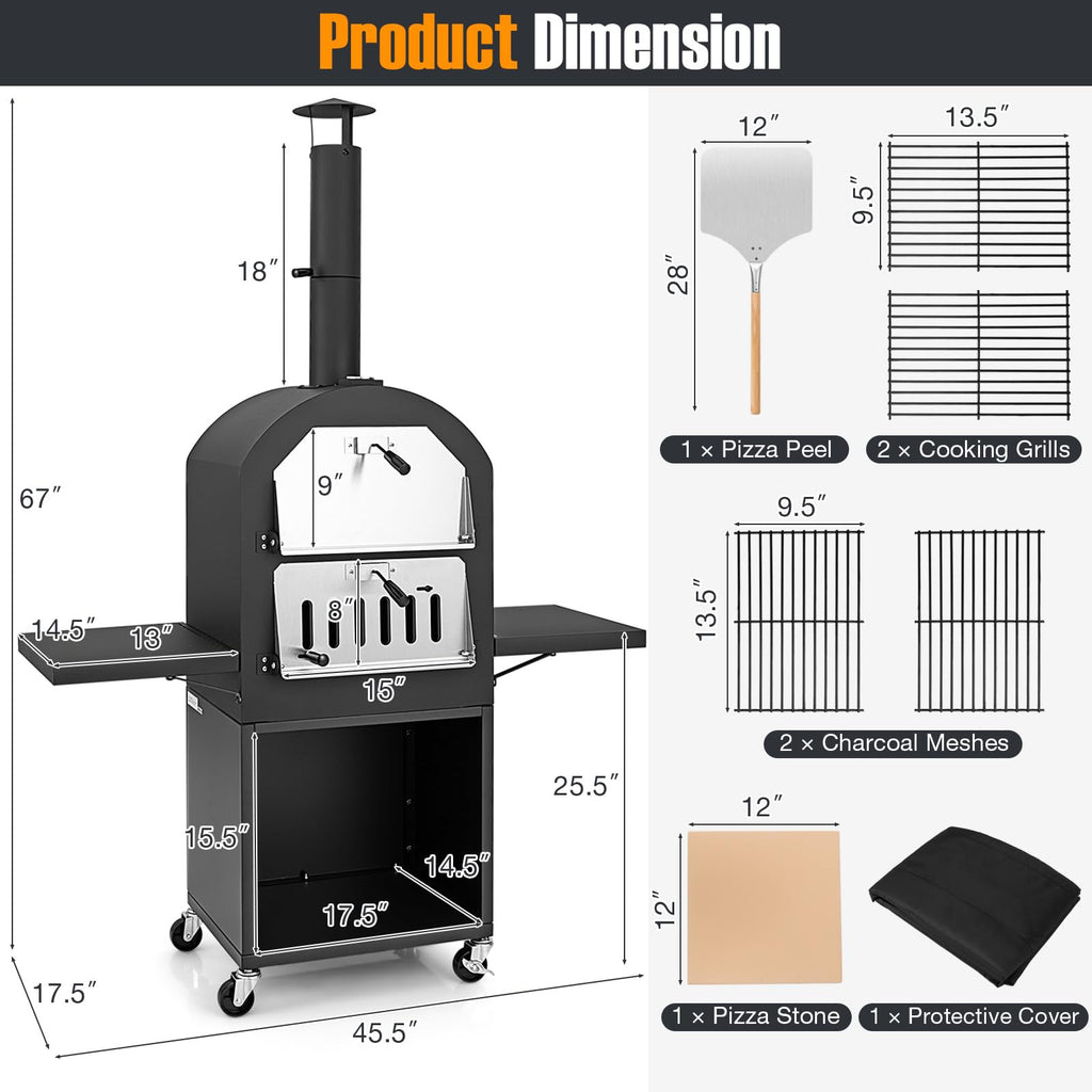 Giantex Pizza Oven Outdoor - piec opalany drewnem z 2 stolikami bocznymi, kamieniem do pizzy, łopatą do pizzy, pokrywą, rusztami do pieczenia, maszyną do pizzy na kółkach do grilla węglowego na zewnątrz, na imprezę w ogrodzie, kemping