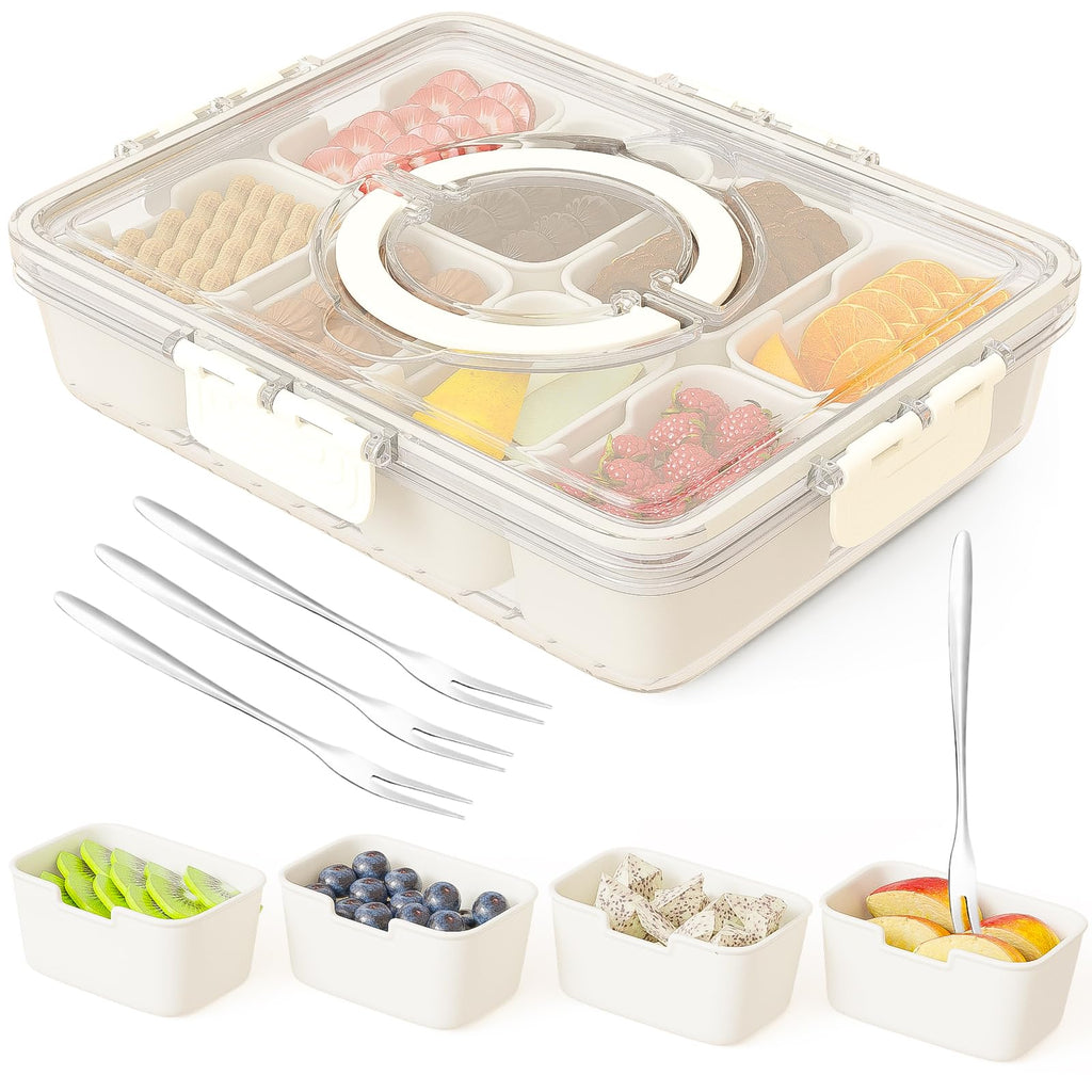 Snackle Box Container,Portable Snack Box 8 Compartment Divided Serving Tray with Lid and Handle,Clear Storage Organizer for Fruit Candy Nuts Veggie-Perfect for Road Travel Party（1 Pack）