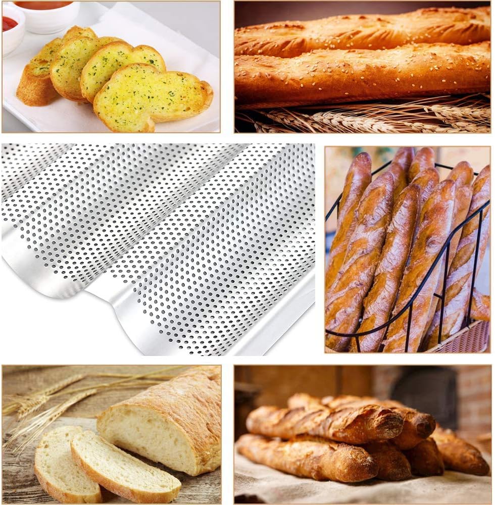 Stainless Steel French Baguette Bread Pan, Perforated Loaf Pans for Baking 15"x10", 3 Waves Toaster Oven Baking Tray (1 Pack)