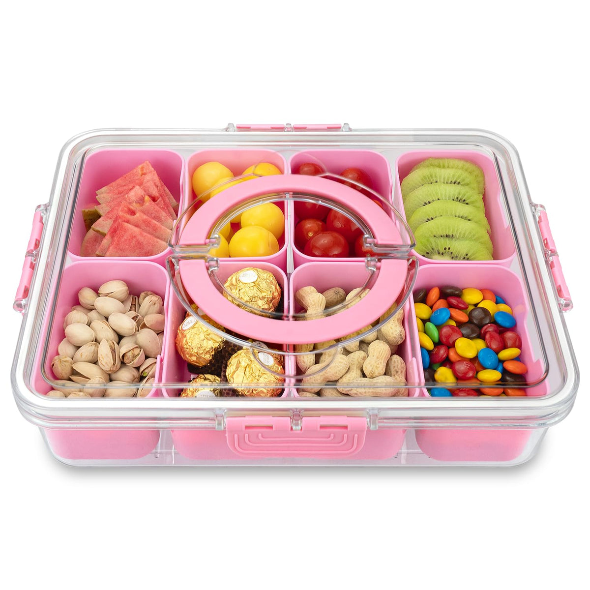 Divided Serving Tray with Lid and Handle,8 Compartments Snacks Box,Snack Fruit and Veggie Tray,Portable Platter for Candy Fruits Nuts Snack Party Entertaining Picnic (1 PCS)