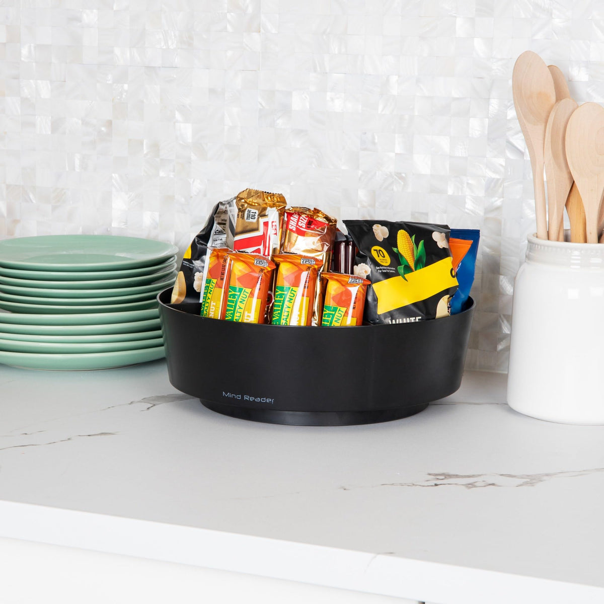 Mind Reader 2-Tier Snack Carousel, Countertop Organizer, Snack Tray, Breakroom, Kitchen, 14.25"L x 14.25"W x 14"H, Black