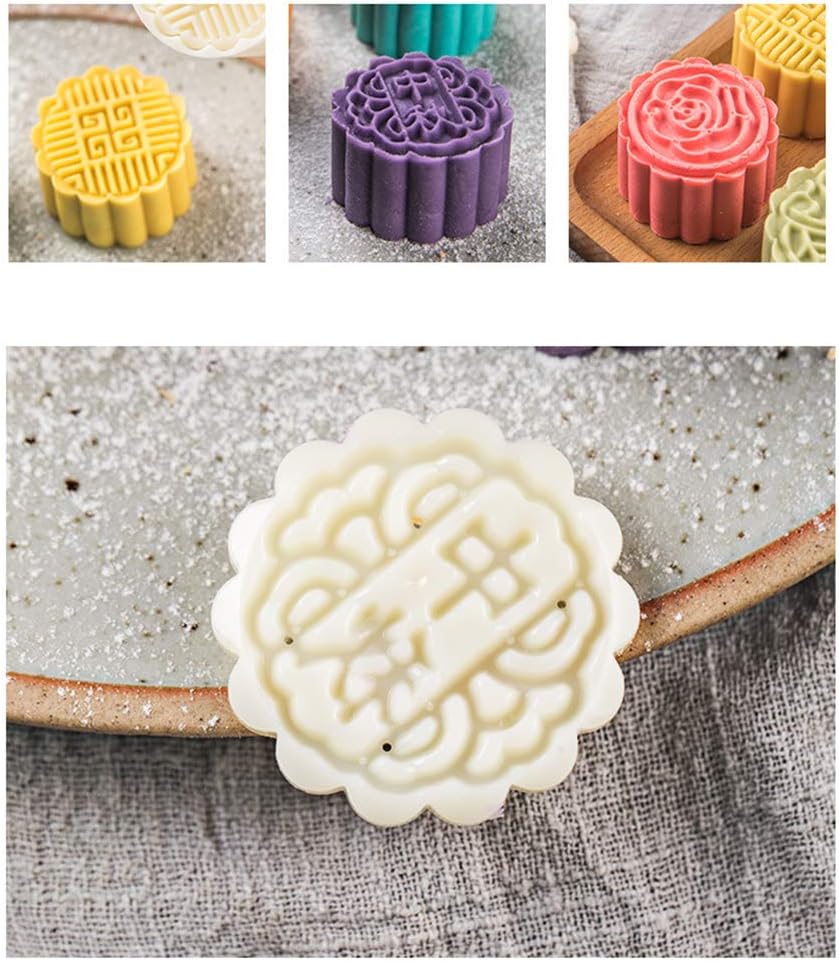 Moon Cake Mold 6 PCS, Mid Autumn Festival DIY Hand Press Cookie Stamps Pastry Tool Moon Cake Maker, Flower Mode Patterns 1 Mold 6 Stamps 50g (White).