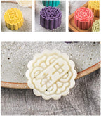 Moon Cake Mold 6 PCS, Mid Autumn Festival DIY Hand Press Cookie Stamps Pastry Tool Moon Cake Maker, Flower Mode Patterns 1 Mold 6 Stamps 50g (White).