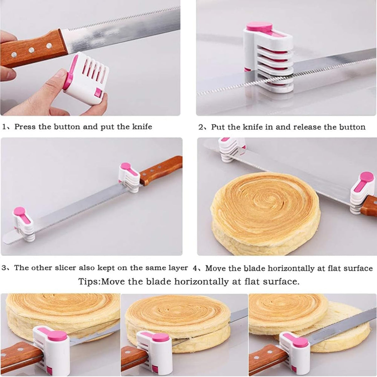 4PCS DIY Cake Slicer, Stratification Auxiliary, Bread Slice, Toast Cut, Adjustable 5 Layers Leveler Slicer, Kitchen Fixator Tool (Pink)