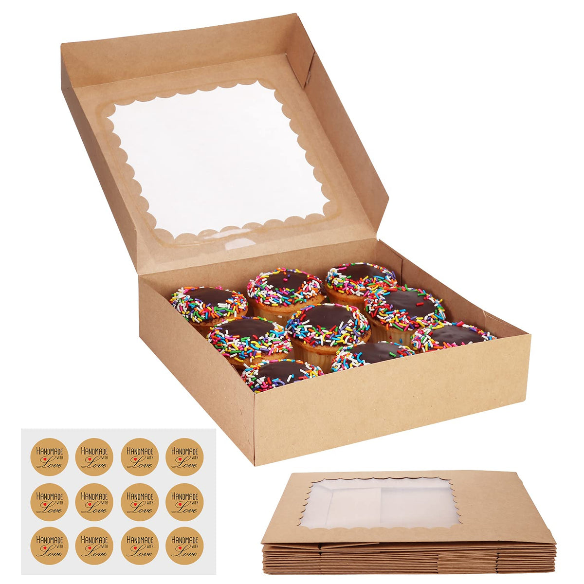 SELMY CAKE BOXES 10 inch Cake Box with Boards and Stickers [12-Pack] Cake Box with Window White Cake Boxes 10x10x5