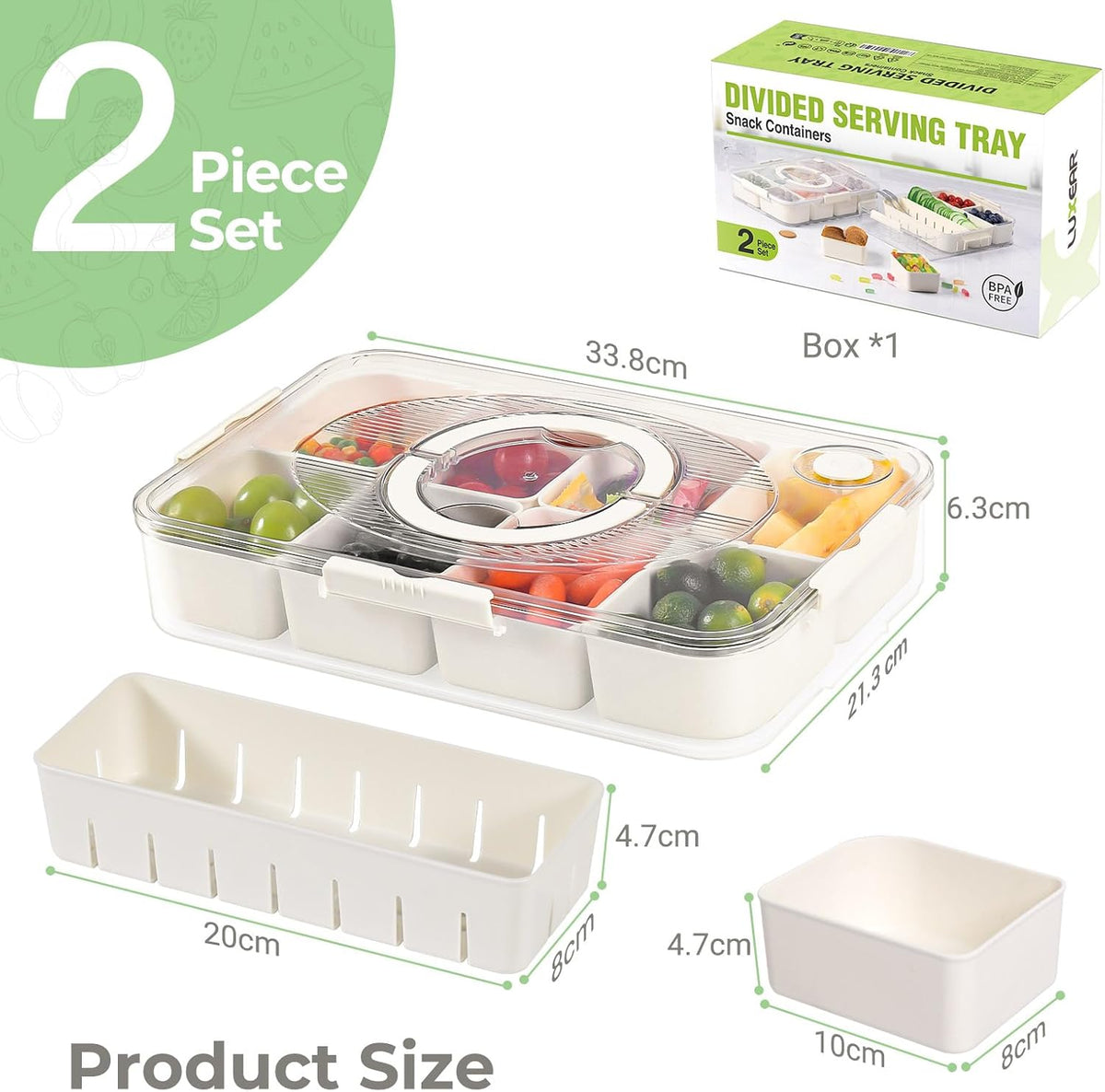 LUXEAR Divided Serving Tray with Lid and Handle Snack Box Charcuterie Container Dishwasher Safe 2Pack Snack Platters Portable Clear Organizer for Fruits, Candy, Snacks, Picnic, Party&Travel