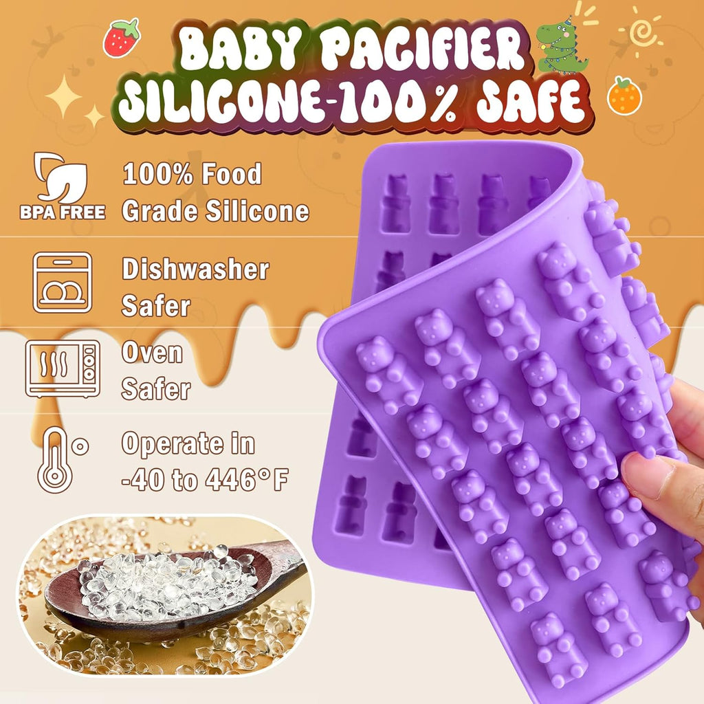 Gummy Bear Molds Silicone Mini Size, Non-Stick Chocolate Candy Gummy Mould for Kid with 2 Droppers Including Dinosaur, Bear, Hearts and Donut Shape 201 Cavities