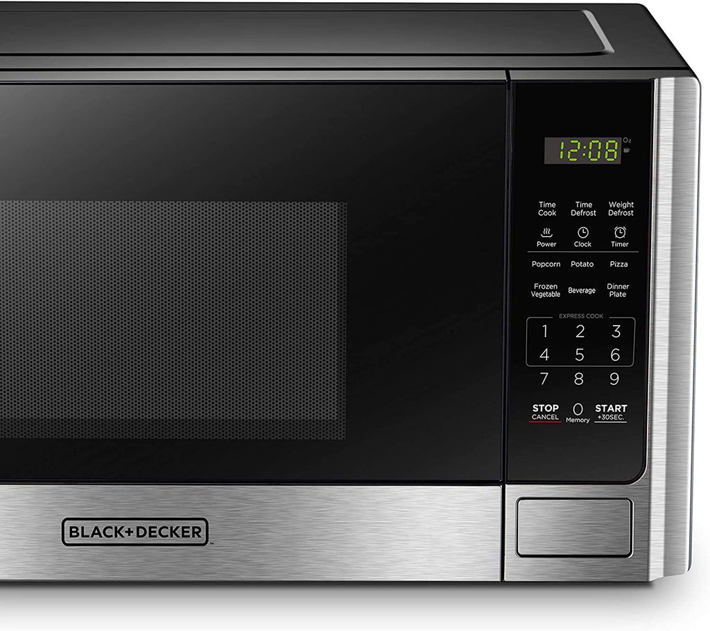 BLACK+DECKER Cyfrowy Piekarnik Mikrofalowy z Talerzem Obrotowym, Przyciskiem Drzwi, Blokada Bezpieczeństwa Dziecięca, Stal Nierdzewna, 0.9 Cu Ft