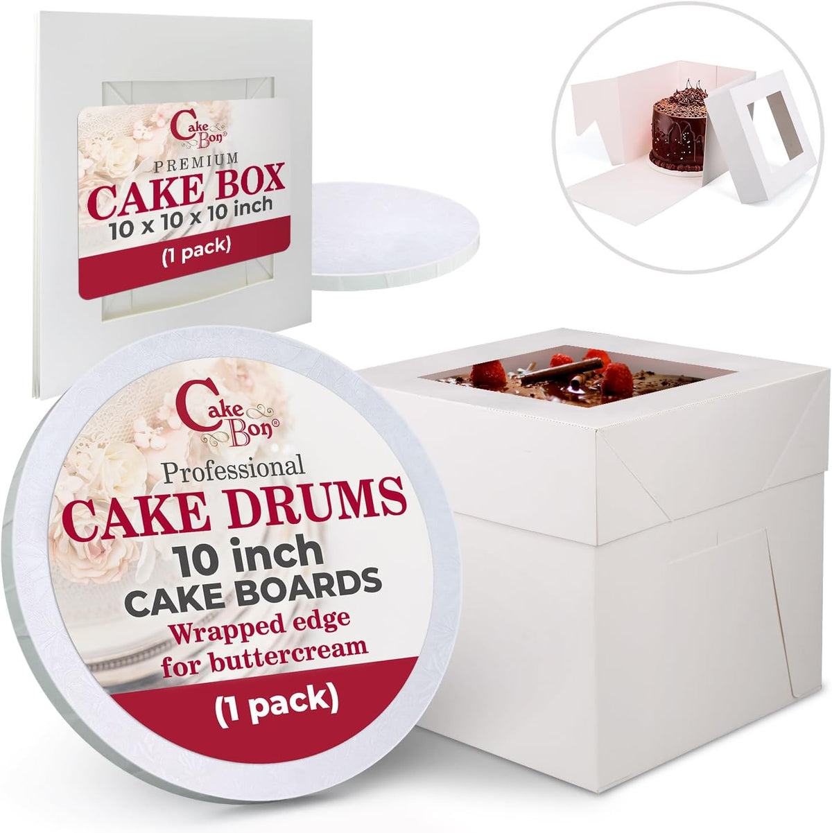 Cakebon Cake Boxes with Boards - 10 Inch Round Cake Drum White (1-pack) - Box With Window for Birthdays, Weddings and Parties